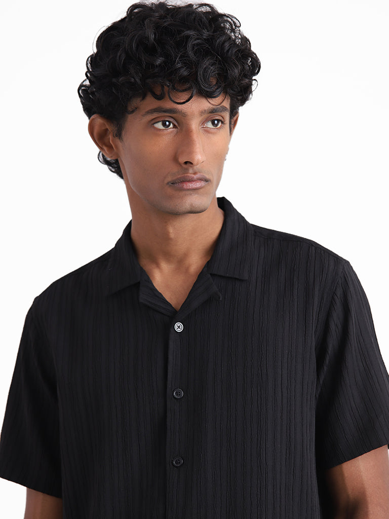 Nuon Charcoal Black Embroidered Cotton Slim-Fit Shirt