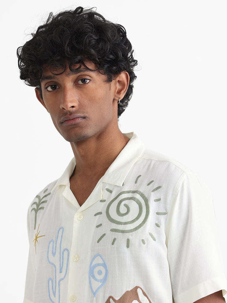 Nuon Off White Embroidered Relaxed-Fit Shirt