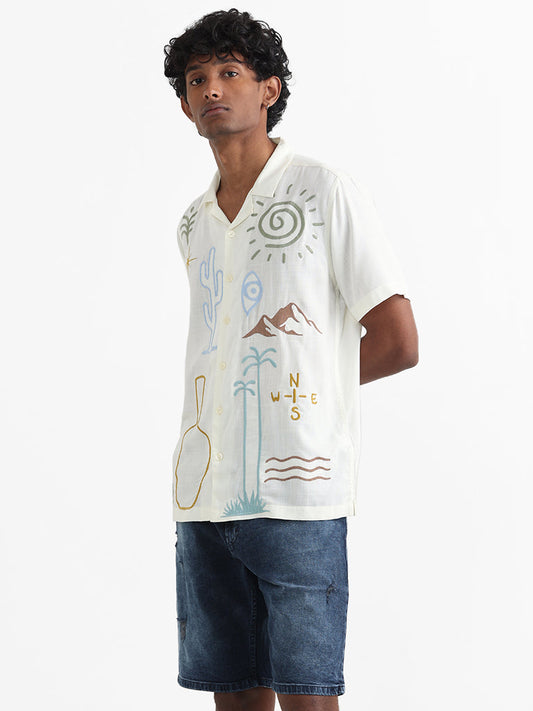 Nuon Off White Embroidered Relaxed-Fit Shirt