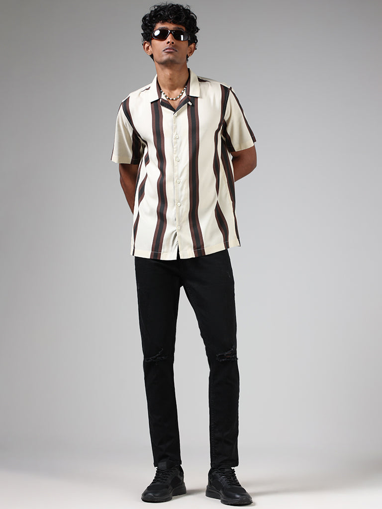 Nuon Off White & Brown Striped Relaxed-Fit Shirt