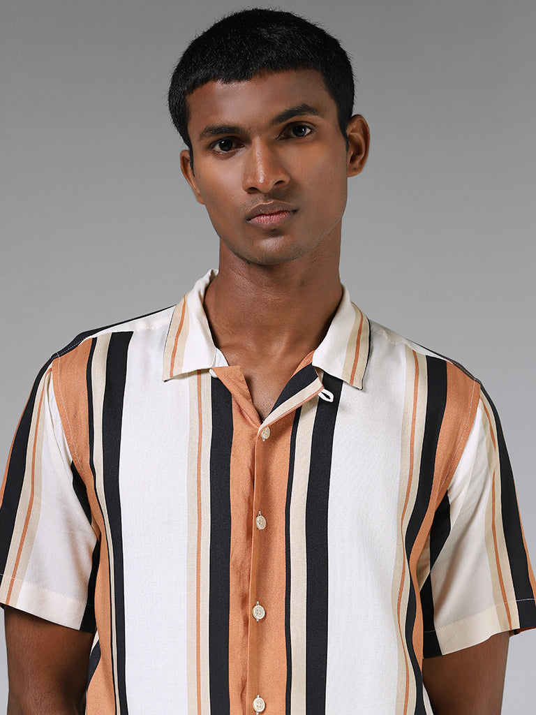 Nuon Block Striped Brown and White Casual Shirt