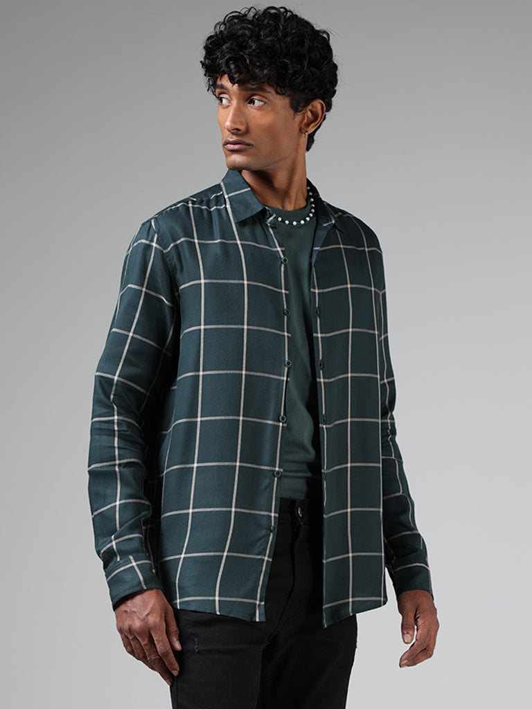 Nuon Emerald Green Windowpane Checked Relaxed-Fit Shirt