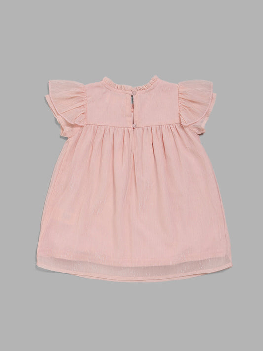 HOP Baby Peach Self-Patterned Pleated Dress