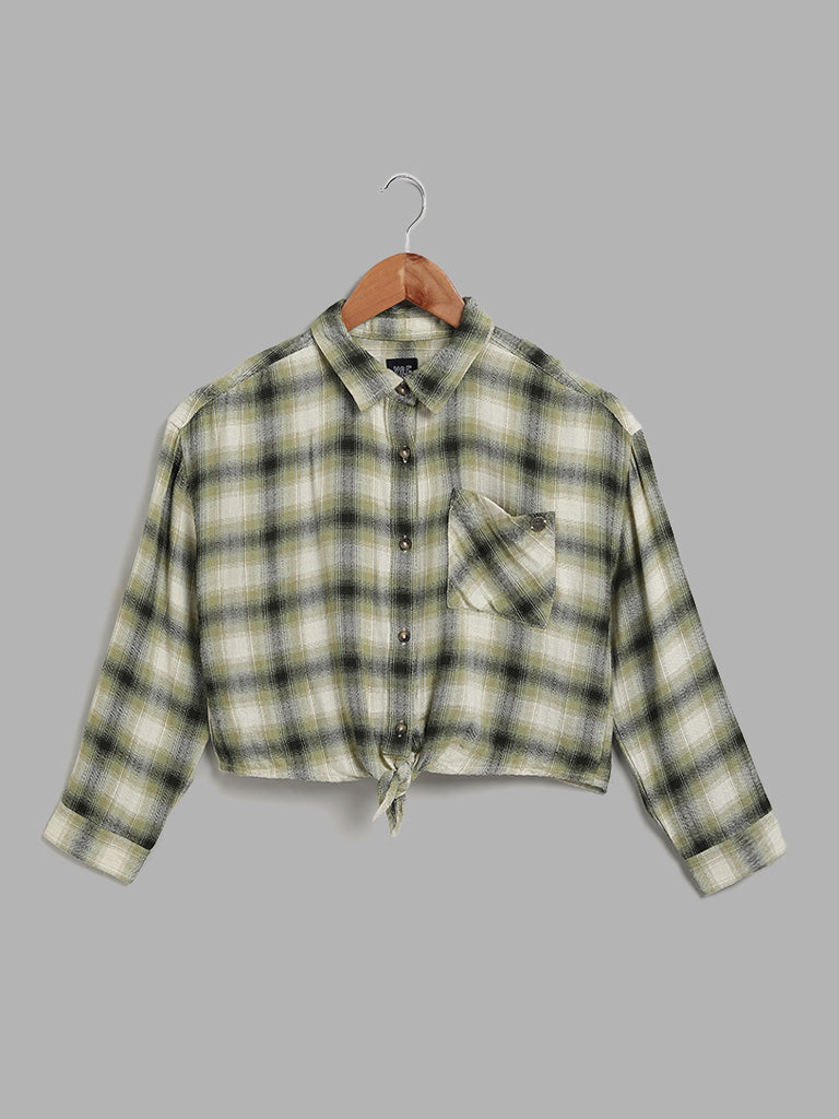 Y&F Kids Checked Olive Green Crop Shirt