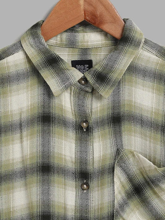 Y&F Kids Checked Olive Green Crop Shirt