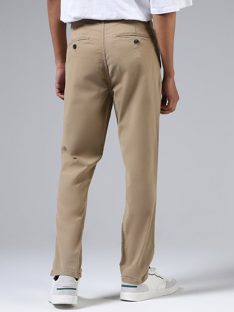 Nuon Solid Beige Cotton Slim-Fit Mid-Rise Chinos