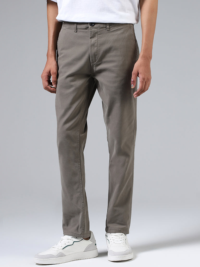 Nuon Solid Olive Cotton Slim-Fit Mid-Rise Chinos