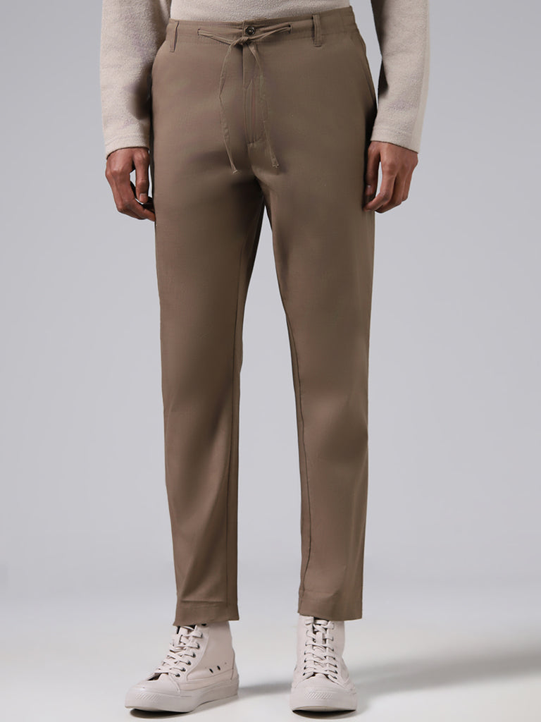 ETA Solid Khaki Slim-Fit Mid-Rise Chinos