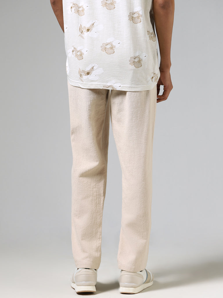 ETA Beige Self Pattern Slim-Fit Mid-Rise Chinos