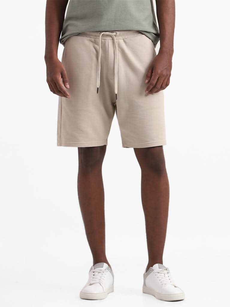 ETA Beige Solid Cotton Slim-Fit Mid-Rise Shorts