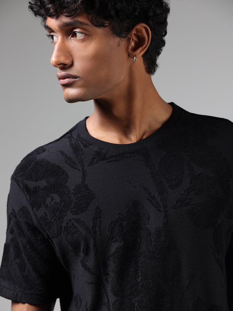 ETA Black Floral-Textured Cotton Blend Slim-Fit T-Shirt