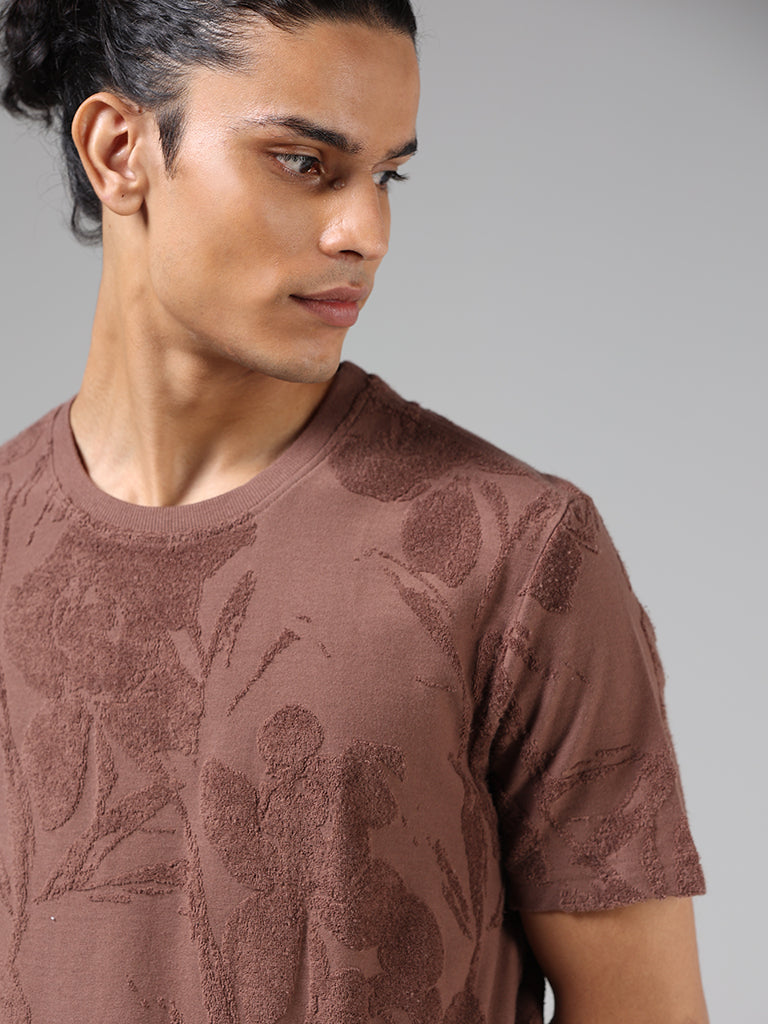 ETA Coco Brown Floral-Textured Cotton Blend Slim-Fit T-Shirt