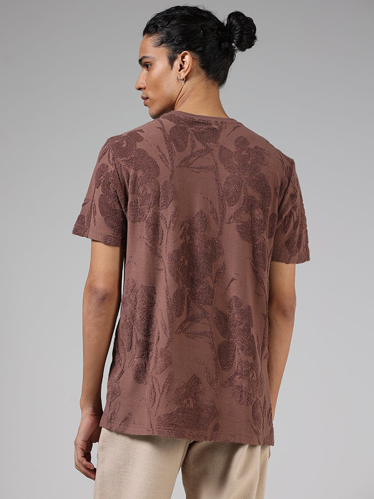 ETA Coco Brown Floral-Textured Cotton Blend Slim-Fit T-Shirt