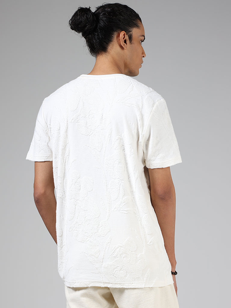 ETA Off White Floral-Textured Cotton Blend Slim-Fit T-Shirt