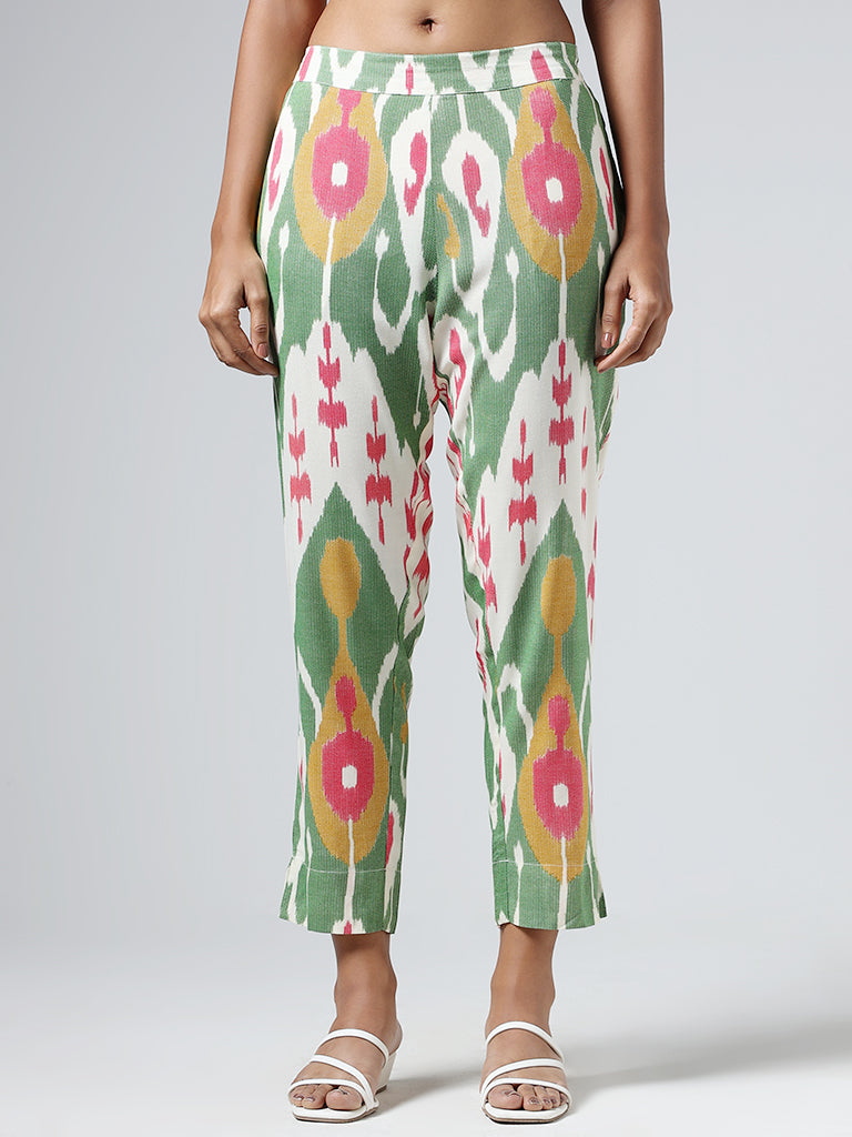 Utsa Green Multicolor Ikat Printed Pants