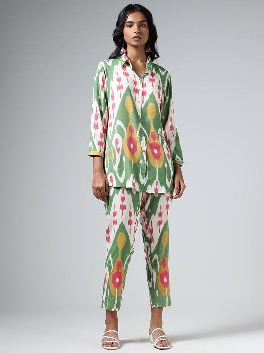 Utsa Green Multicolor Ikat Printed Pants