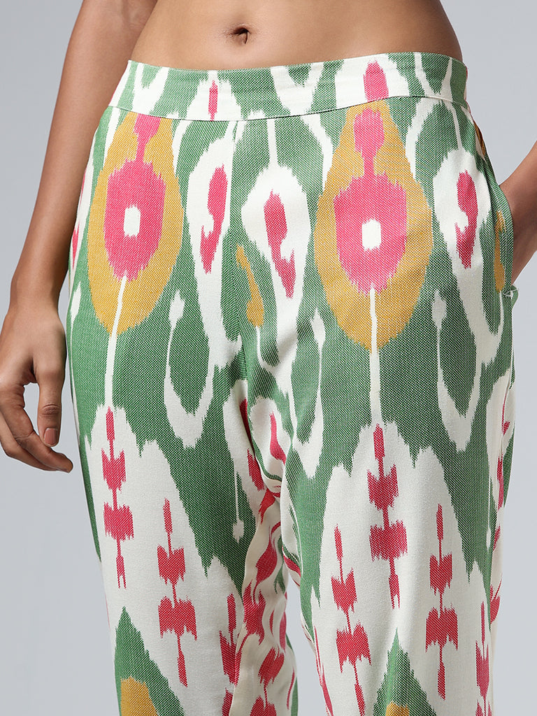 Utsa Green Multicolor Ikat Printed Pants