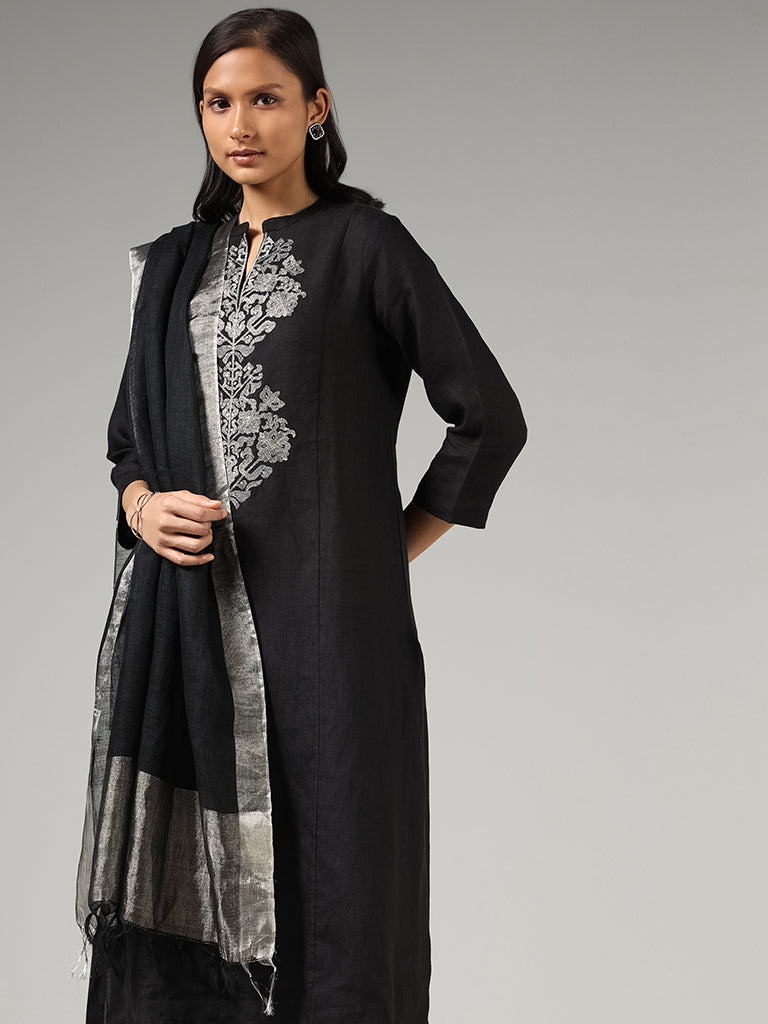 Zuba Black Solid Linen Dupatta