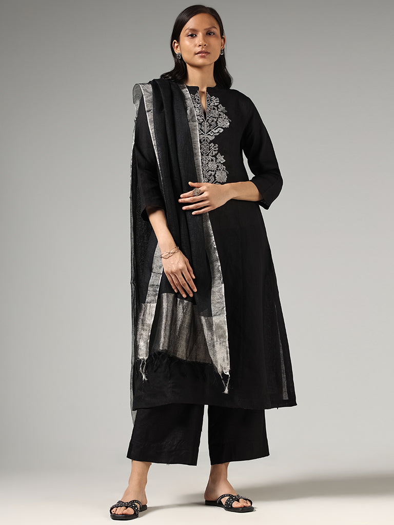 Zuba Black Solid Linen Dupatta