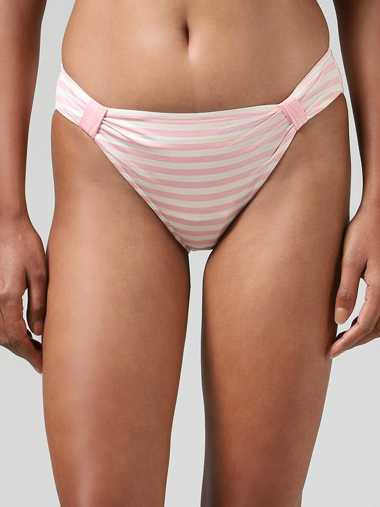 Wunderlove Light Pink Candy Striped Satin Pleated Brief