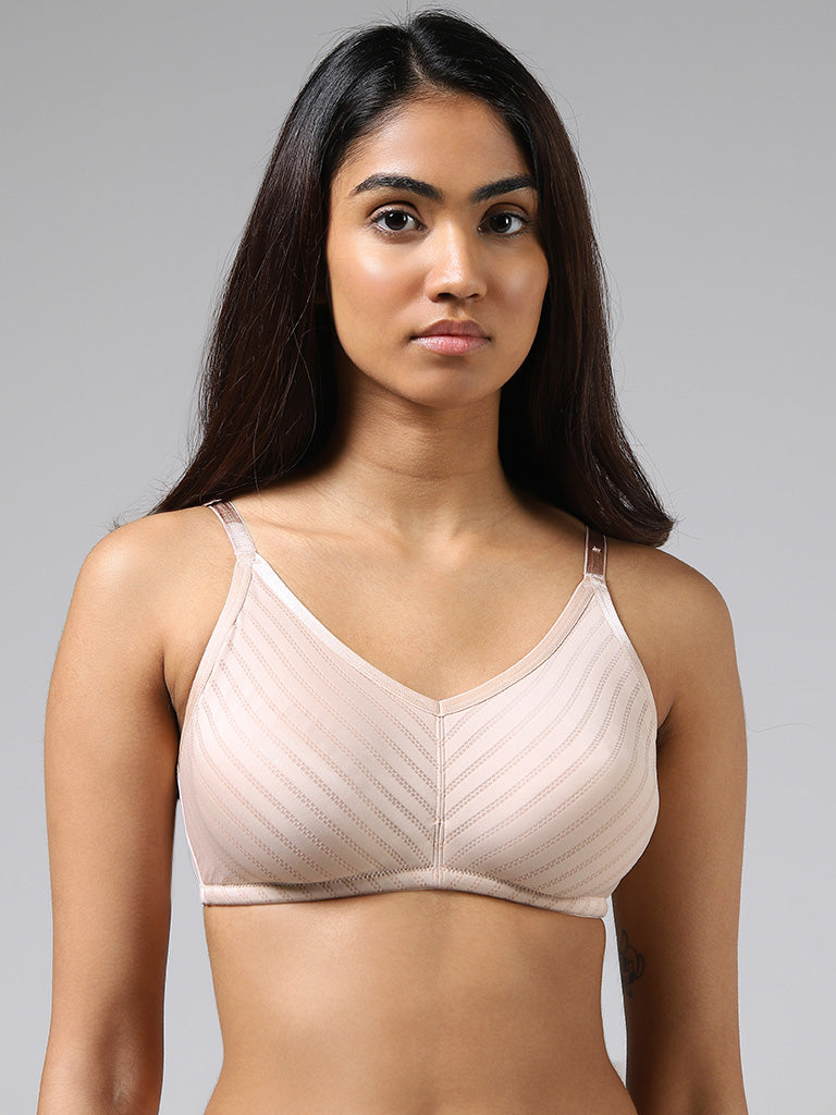 Wunderlove Cream Self-Striped Unlined Cotton Blend Bra