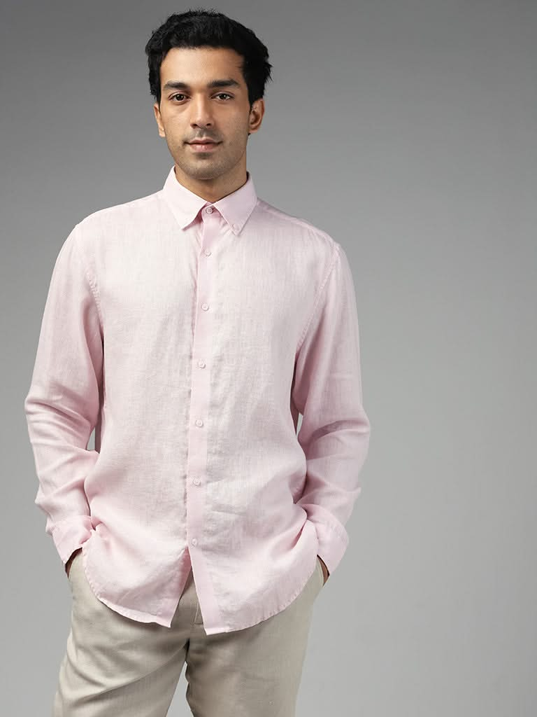 Ascot Solid Light Pink Relaxed-Fit Linen Shirt