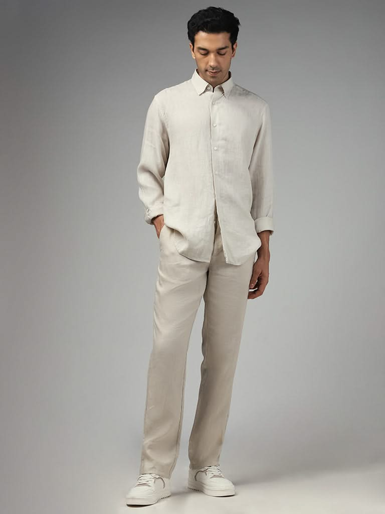 Ascot Solid Off White Relaxed-Fit Linen Shirt