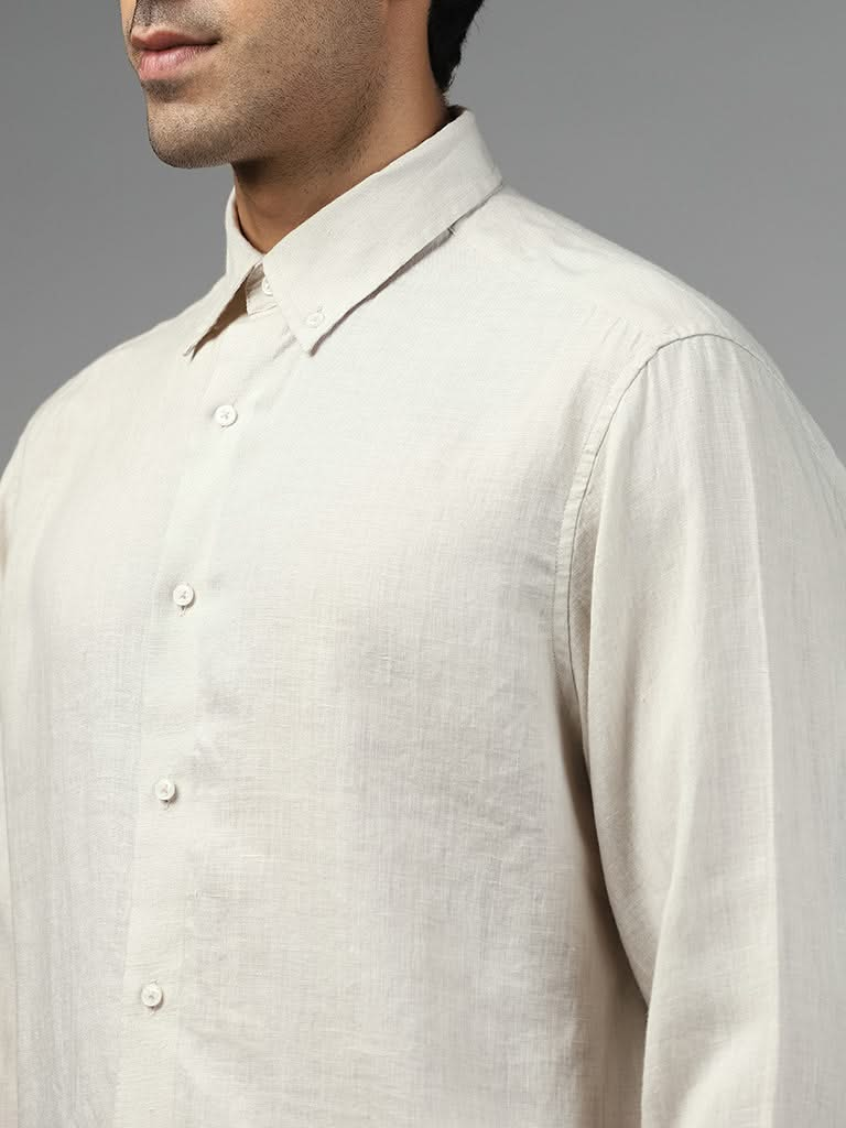 Ascot Solid Off White Relaxed-Fit Linen Shirt