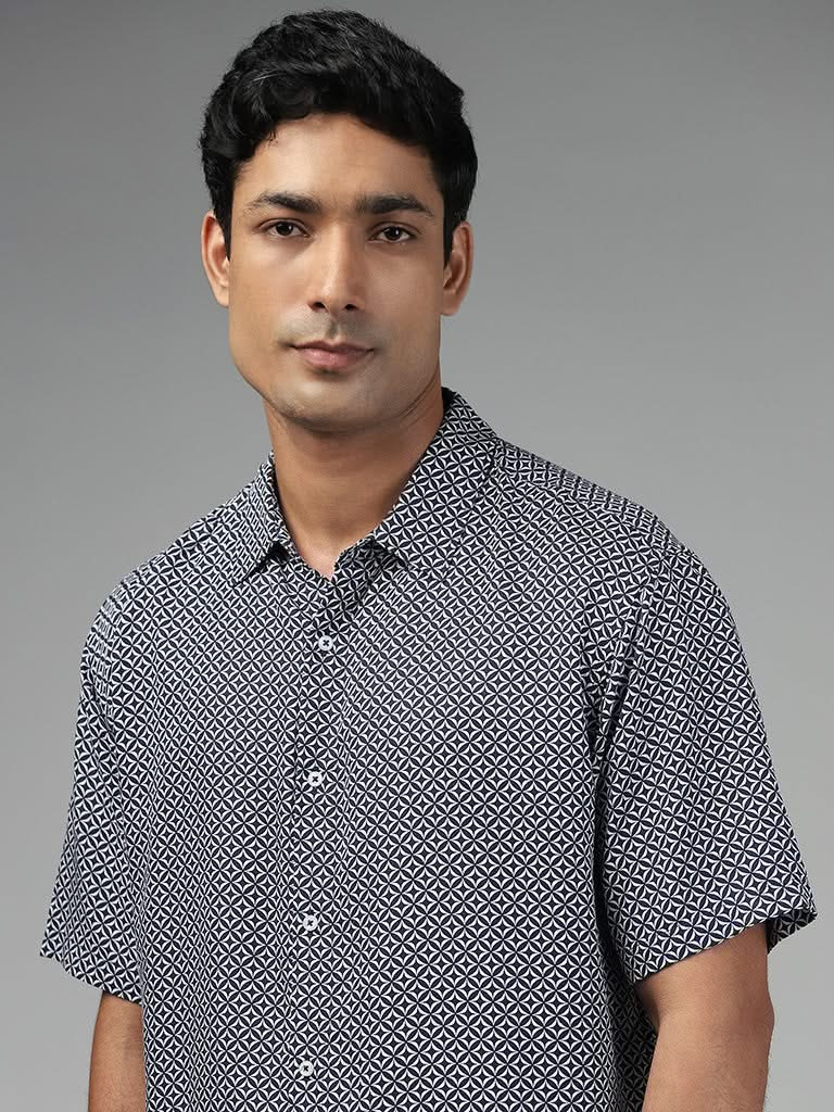 Ascot Navy Printed Relaxed-Fit Shirt