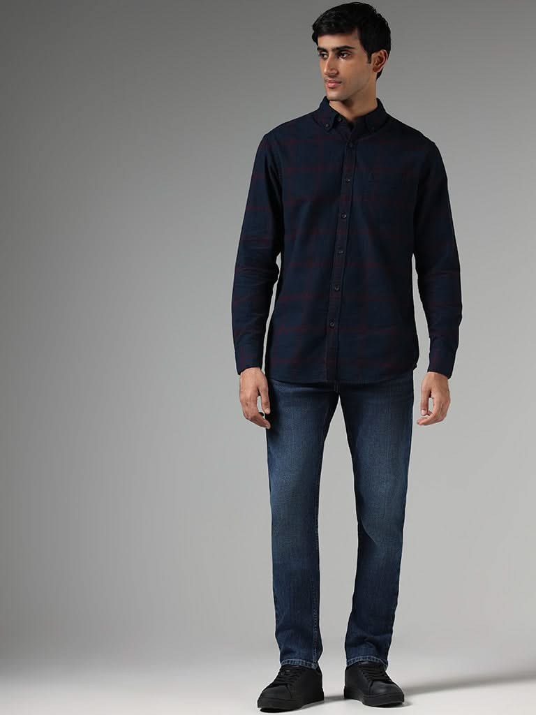 WES Casuals Navy Checked Cotton Relaxed-Fit Shirt