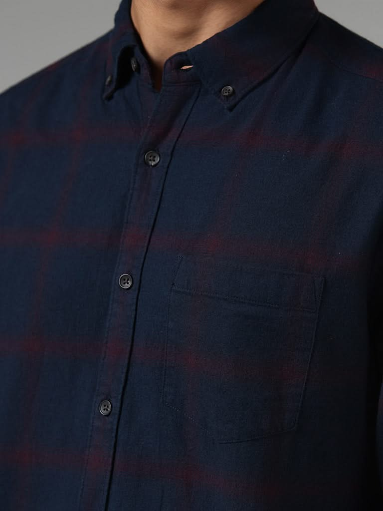 WES Casuals Navy Checked Cotton Relaxed-Fit Shirt