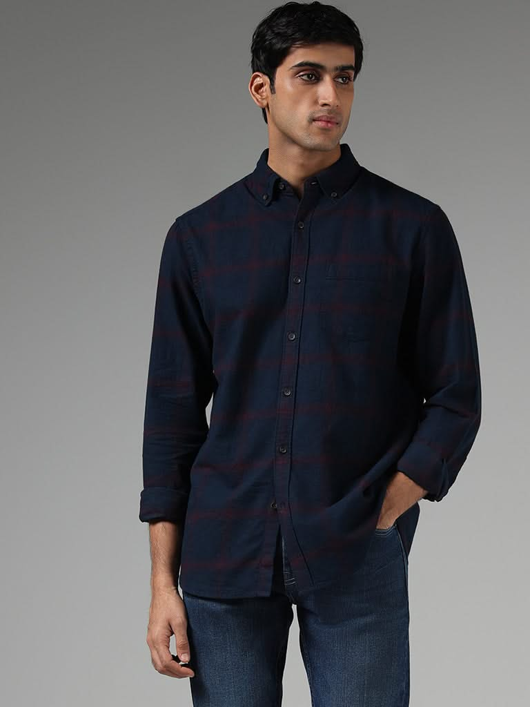 WES Casuals Navy Checked Cotton Relaxed-Fit Shirt