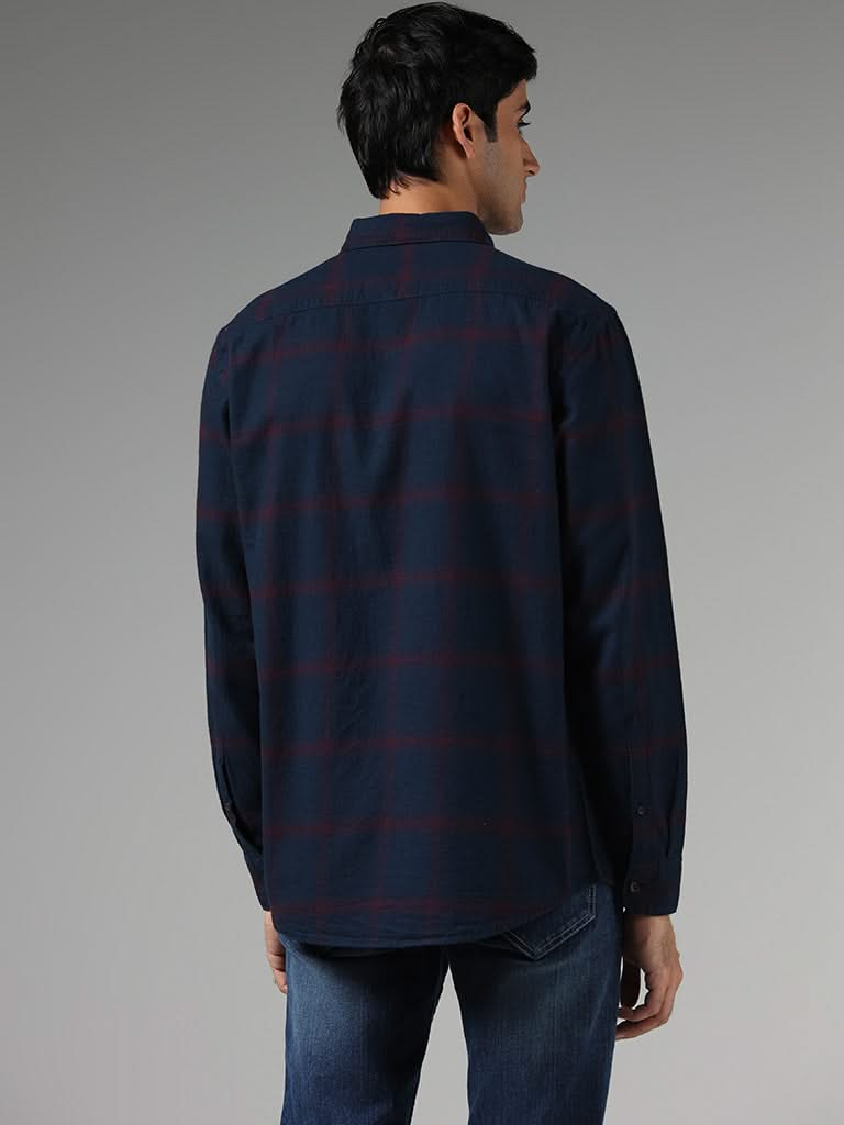 WES Casuals Navy Checked Cotton Relaxed-Fit Shirt