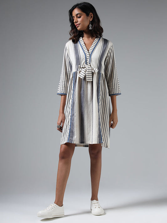 Bombay Paisley Off White Striped Blended Linen Dress