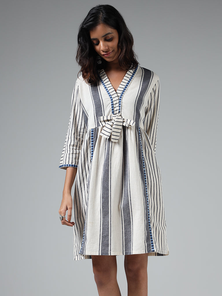 Bombay Paisley Off White Striped Blended Linen Dress