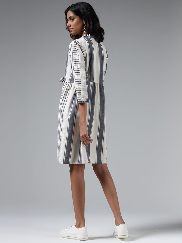 Bombay Paisley Off White Striped Blended Linen Dress