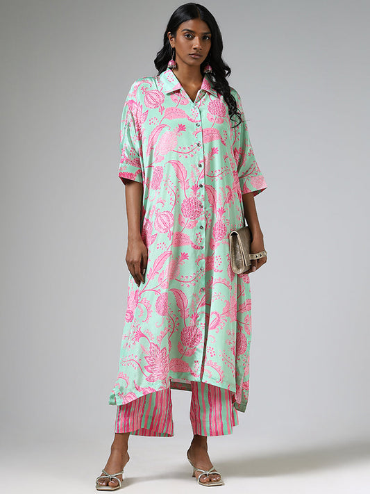 Vark Green Button Down Printed Kurta & Straight Pants Set