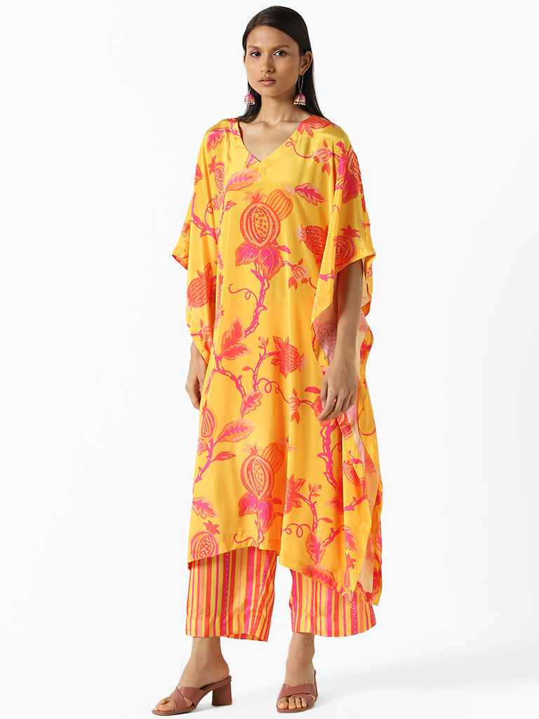 Vark Yellow Floral Printed Kaftan Kurta and Palazzos Set