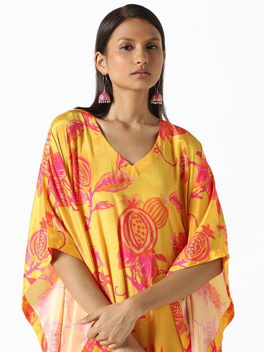 Vark Yellow Floral Printed Kaftan Kurta and Palazzos Set