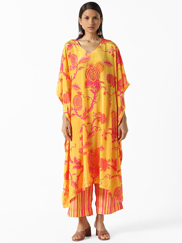 Vark Yellow Floral Printed Kaftan Kurta and Palazzos Set