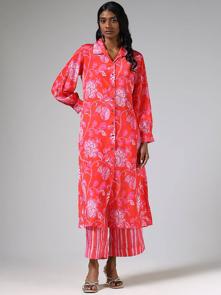 Vark Pink Button Down Print Kurta & Straight Pants Set