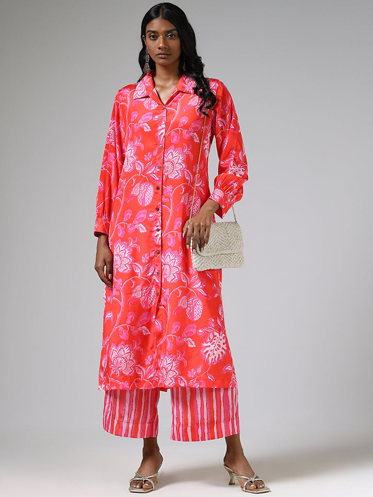 Vark Pink Button Down Print Kurta & Straight Pants Set