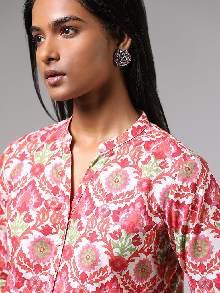 Utsa Pink Floral Printed A-Line Kurta