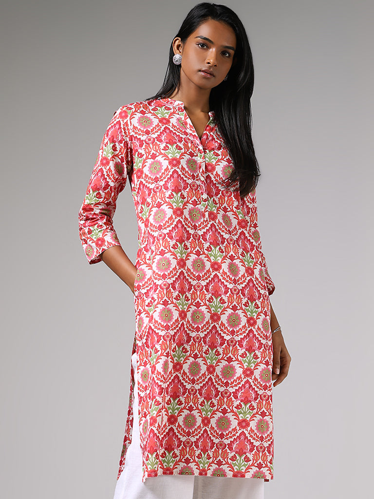 Utsa Pink Floral Printed A-Line Kurta