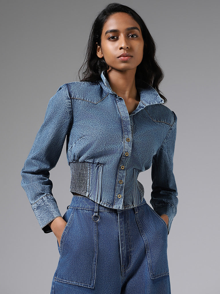 Nuon Solid Mid Blue Crop Denim Jacket