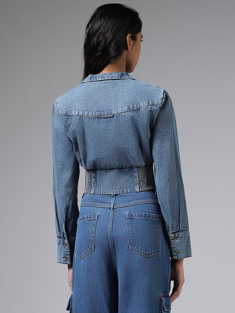 Nuon Solid Mid Blue Crop Denim Jacket