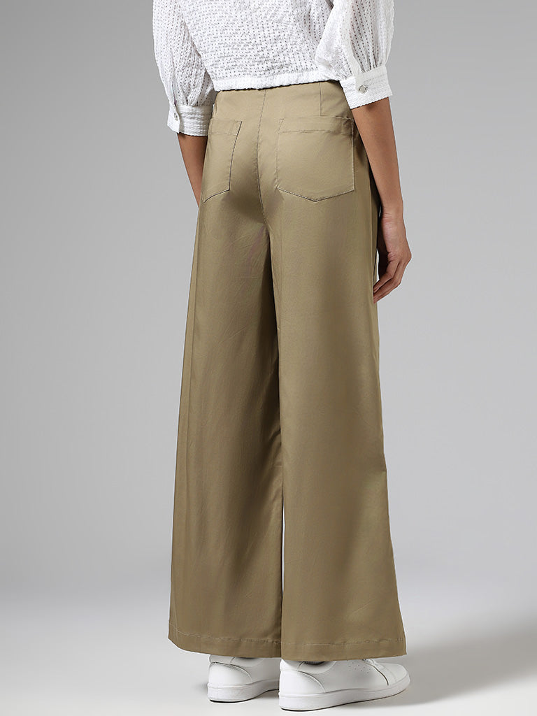 Nuon Solid Olive Green Wide-Leg Trousers