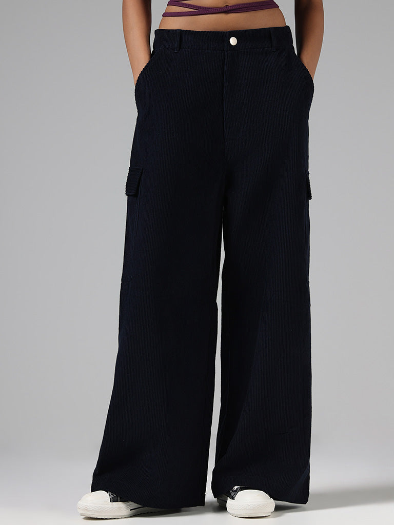 Nuon Solid Navy Blue Corduroy Pants