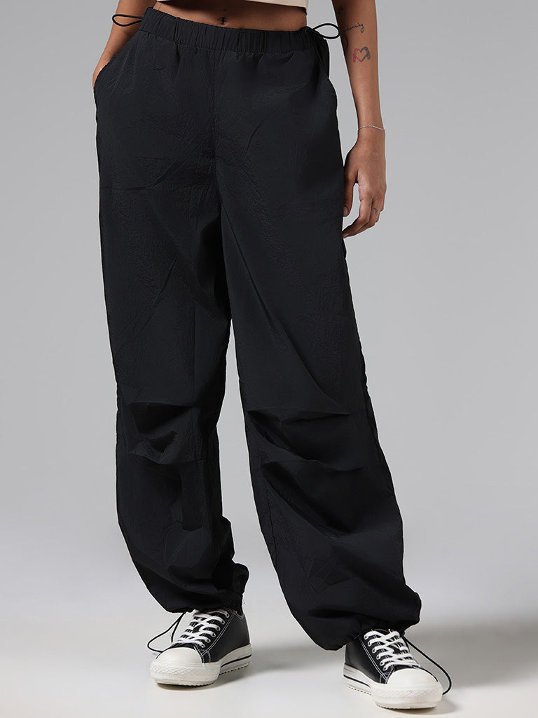 Nuon Solid Black Parachute Pants