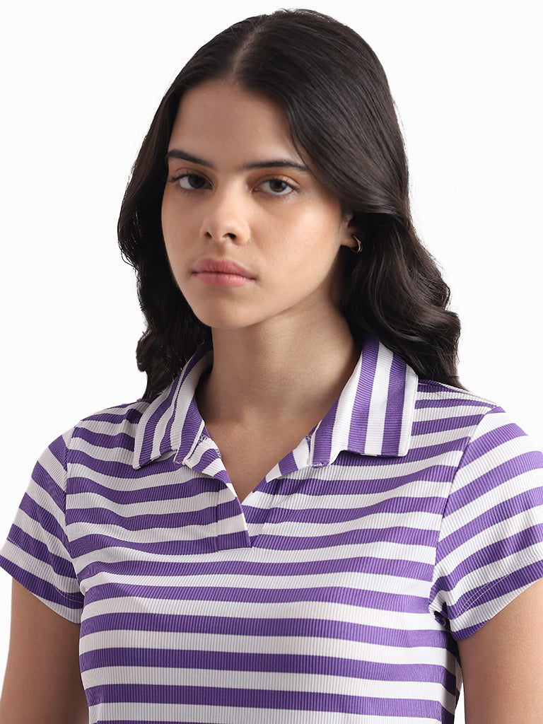 Nuon Lavender and White Striped Slim Fit Lapel Collar T-Shirt